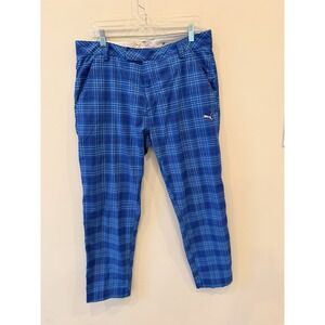 Puma Golf Pants Mens 34x30 Blue Plaid Flat Front Cotton Logo Casual